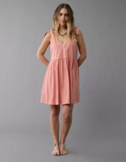 AE Sunchaser Knit Tie Shoulder Mini Dress Pink -American Eagle Fashion 1399 8434 615 os