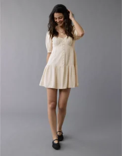 AE Puff Sleeve Mini Babydoll Dress Cream