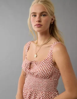 AE Smocked Waist Mini Dress Rust -American Eagle Fashion 1399 8475 211 os