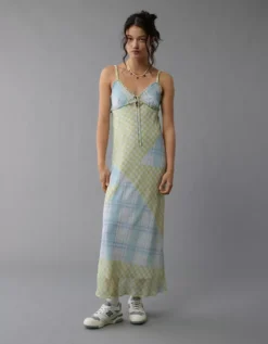 AE V-Neck Ruffle Midi Slip Dress Lime -American Eagle Fashion 1399 8486 759 os