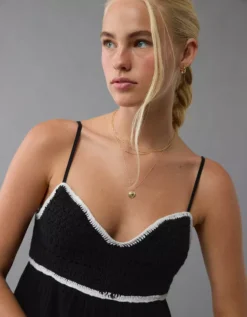 AE Crochet Babydoll Mini Dress Black -American Eagle Fashion 1399 8489 001 os