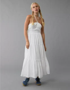 AE Halter Cut-Out Smocked Midi Dress Cream