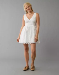 AE V-Neck Scalloped Mini Dress Cream