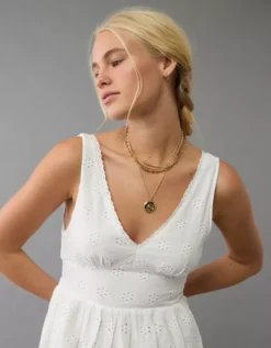 AE V-Neck Scalloped Mini Dress Cream -American Eagle Fashion 1399 8509 106 os