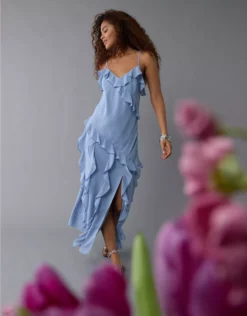 AE Asymmetrical Ruffle Maxi Slip Dress Blue