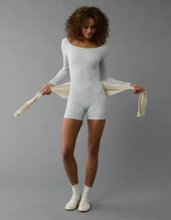 AE Off-The-Shoulder Seamless Lounge Romper Grey -American Eagle Fashion 1399 8544 050 os