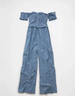 AE Off The Shoulder Tie Front Jumpsuit Chambray Blue -American Eagle Fashion 1399 8602 523 b
