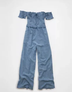 AE Off The Shoulder Tie Front Jumpsuit Chambray Blue -American Eagle Fashion 1399 8602 523 f