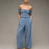 AE Off The Shoulder Tie Front Jumpsuit Chambray Blue
