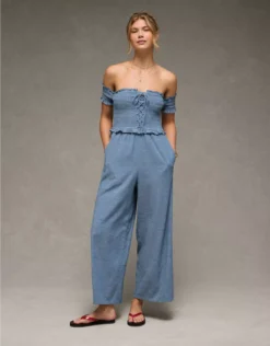 AE Off The Shoulder Tie Front Jumpsuit Chambray Blue