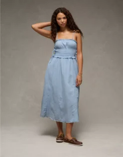 AE Corded Smocking Midi Dress Light Blue