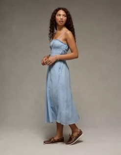 AE Corded Smocking Midi Dress Light Blue -American Eagle Fashion 1399 8610 401 os