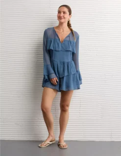 AE Long-Sleeve Ruffle Romper Navy