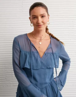 AE Long-Sleeve Ruffle Romper Navy -American Eagle Fashion 1399 8636 410 os