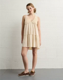 AE Sunchaser Knit V-Neck Crochet Mini Dress Cream