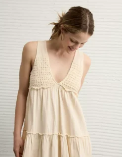 AE Sunchaser Knit V-Neck Crochet Mini Dress Cream -American Eagle Fashion 1399 8649 106 os
