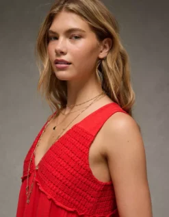 AE Sunchaser Knit V-Neck Crochet Mini Dress Cherry -American Eagle Fashion 1399 8649 703 d2