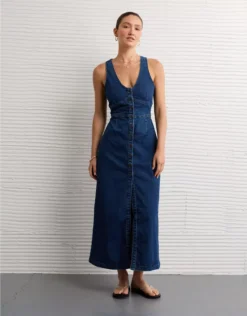 AE V-Neck Denim Maxi Dress Dark Wash