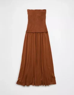 AE Sunchaser Knit Smocked Drop Waist Midi Dress Amber Brown -American Eagle Fashion 1399 8672 206 b
