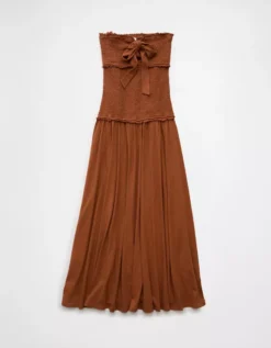 AE Sunchaser Knit Smocked Drop Waist Midi Dress Amber Brown -American Eagle Fashion 1399 8672 206 f