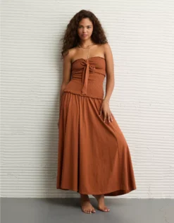 AE Sunchaser Knit Smocked Drop Waist Midi Dress Amber Brown