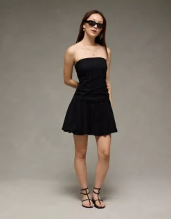AE Strapless Drop Waist Mini Bubble Dress Black -American Eagle Fashion 1399 8688 001 os