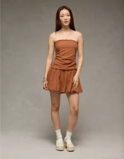 AE Strapless Drop Waist Mini Bubble Dress Brown