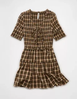 AE Puff Sleeve Tie Front Plaid Mini Dress Green -American Eagle Fashion 1399 8697 300 f