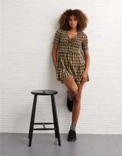 AE Puff Sleeve Tie Front Plaid Mini Dress Green