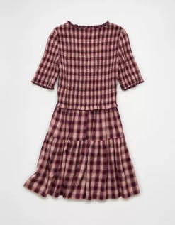 AE Puff Sleeve Tie Front Plaid Mini Dress Burgundy -American Eagle Fashion 1399 8697 613 b