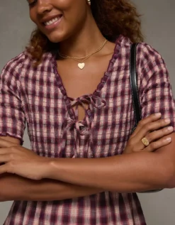 AE Puff Sleeve Tie Front Plaid Mini Dress Burgundy -American Eagle Fashion 1399 8697 613 d2