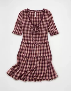 AE Puff Sleeve Tie Front Plaid Mini Dress Burgundy -American Eagle Fashion 1399 8697 613 f