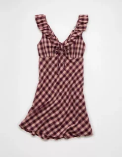 AE Ruffle Tie-Front Mini Dress Burgundy -American Eagle Fashion 1399 8699 613 f