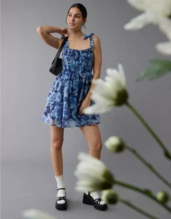 AE Corset Tie Strap Floral Mini Dress Blue