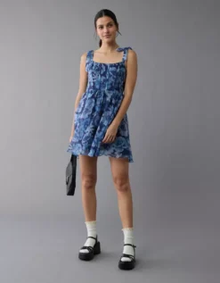 AE Corset Tie Strap Floral Mini Dress Blue -American Eagle Fashion 1399 8724 400 os