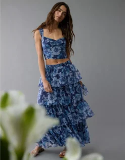 AE Floral Organza Maxi Skirt Set Blue