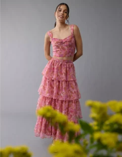 AE Floral Organza Maxi Skirt Set Pink