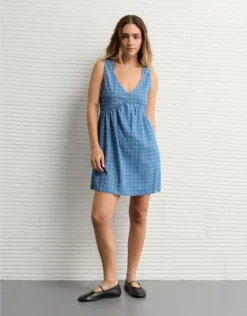 AE V-Neck Denim Striped Mini Shift Dress Medium Wash