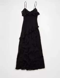 AE Asymmetrical Ruffle Maxi Slip Dress Black -American Eagle Fashion 1399 8782 001 b