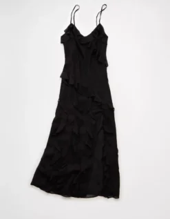 AE Asymmetrical Ruffle Maxi Slip Dress Black -American Eagle Fashion 1399 8782 001 f