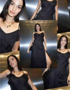 AE Asymmetrical Ruffle Maxi Slip Dress Black