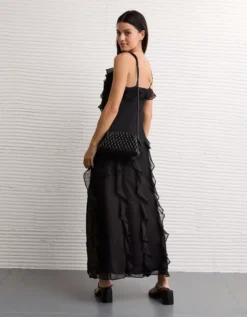 AE Asymmetrical Ruffle Maxi Slip Dress Black -American Eagle Fashion 1399 8782 001 ob