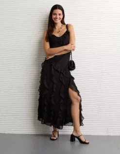 AE Asymmetrical Ruffle Maxi Slip Dress Black -American Eagle Fashion 1399 8782 001 os