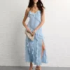 AE Asymmetrical Ruffle Maxi Slip Dress Light Blue