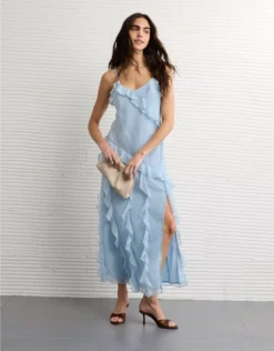 AE Asymmetrical Ruffle Maxi Slip Dress Light Blue