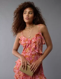 AE Asymmetrical Ruffle Maxi Slip Dress Pink -American Eagle Fashion 1399 8782 615 os