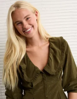 AE Button-Front Mini Dress Briar -American Eagle Fashion 1399 8791 348 os