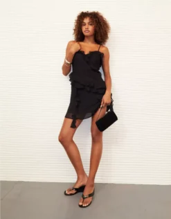 AE Asymmetrical Ruffle Mini Dress Black