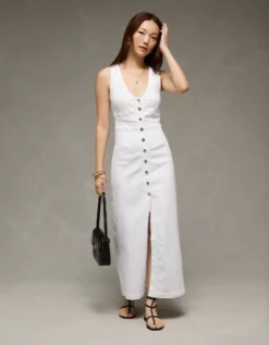 AE V-Neck Denim Maxi Dress White -American Eagle Fashion 1399 8812 100 os