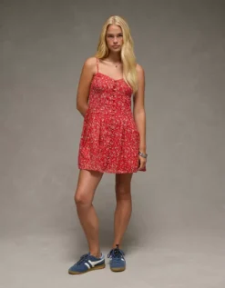 AE Sweetheart Button-Up Mini Dress Red -American Eagle Fashion 1399 8823 600 os